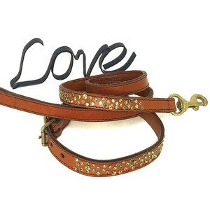 Random Crystal & Brown Leather Collar & Leash, 16”-20”